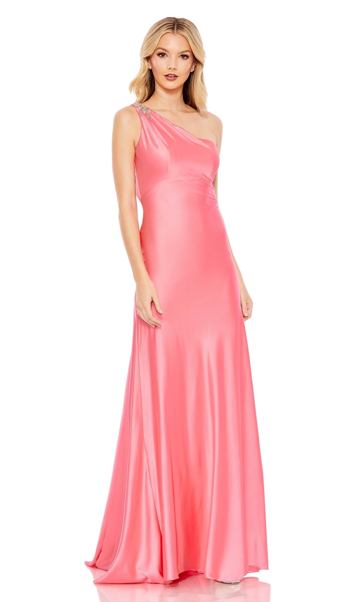 A woman wearing the One-Shoulder Long Pink Prom Dress with Brooch 68046 stands facing forward against a white background.